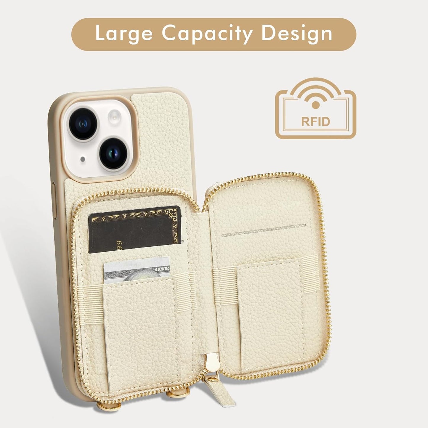 LAMEEKU for iPhone 15 Wallet Case with Credit Card Holder, Zipper Leather Crossbody Case with Phone Grip Holder Stand Wrist Strap Lanyard for Women for Apple iPhone 15 6.1 inch Beige