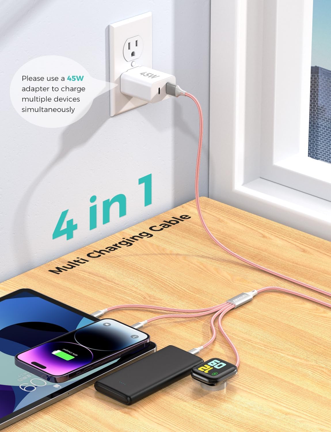 Travel Essentials Multi Charging Cable for Watch Charger 4 in 1 Fast Charger Camping Essentials USB C/L/Micro Compatible with Watch Series 10-1/SE/Ultra Phone 16 15/Galaxy Android-4FT/Pink