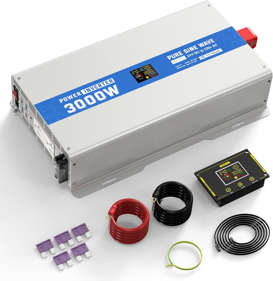 3000W Pure Sine Wave Power Inverter 24V DC to 120V AC Converter 6000 Watt Peak Power Multi-Display Screen with 2 GFCI Outlet 30W USB and 18W Type-C for Car RV Truck Boat Off-Grid, Gray Blue