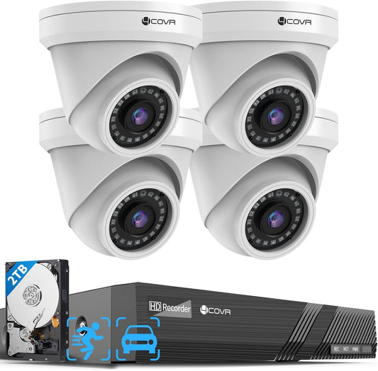 4COVR NVR Security Camera System, 8MP H.265 NVR with 2TB HDD, 4X 5MP PoE Dome IP Cameras with Audio, AI Person/Vehicle Detection, Night Vision, IP67 Weatherproof for Outdoor/Home, LY97AX5M0804-1