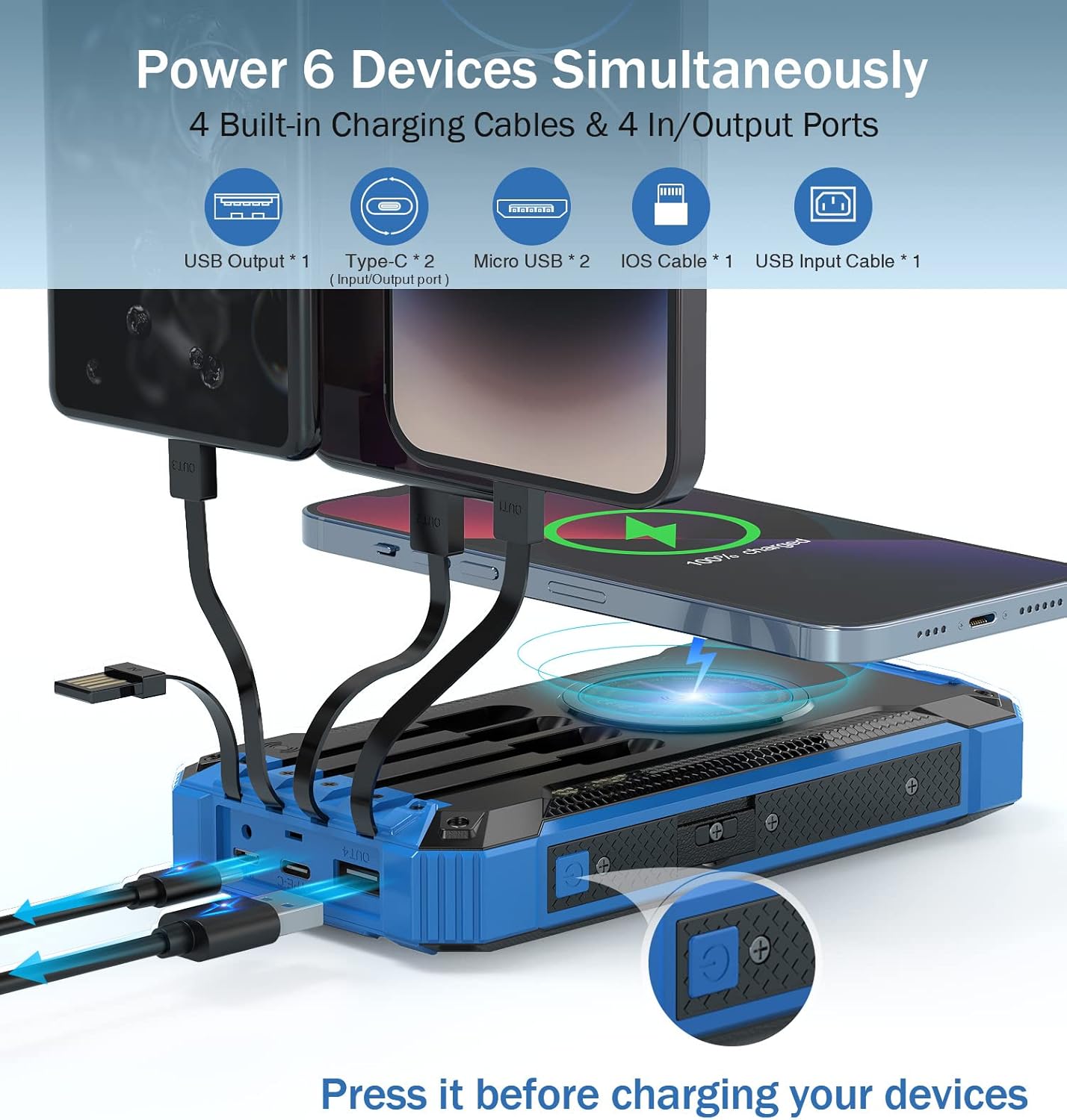 GOODaaa Power Bank Wireless Charger 36000mAh Built in 4 Cables Six Outputs 15W Fast Charging Power Bank for All Mobile Devices Three Inputs Solar Portable Charger with Dual Flashlights, Carabiner