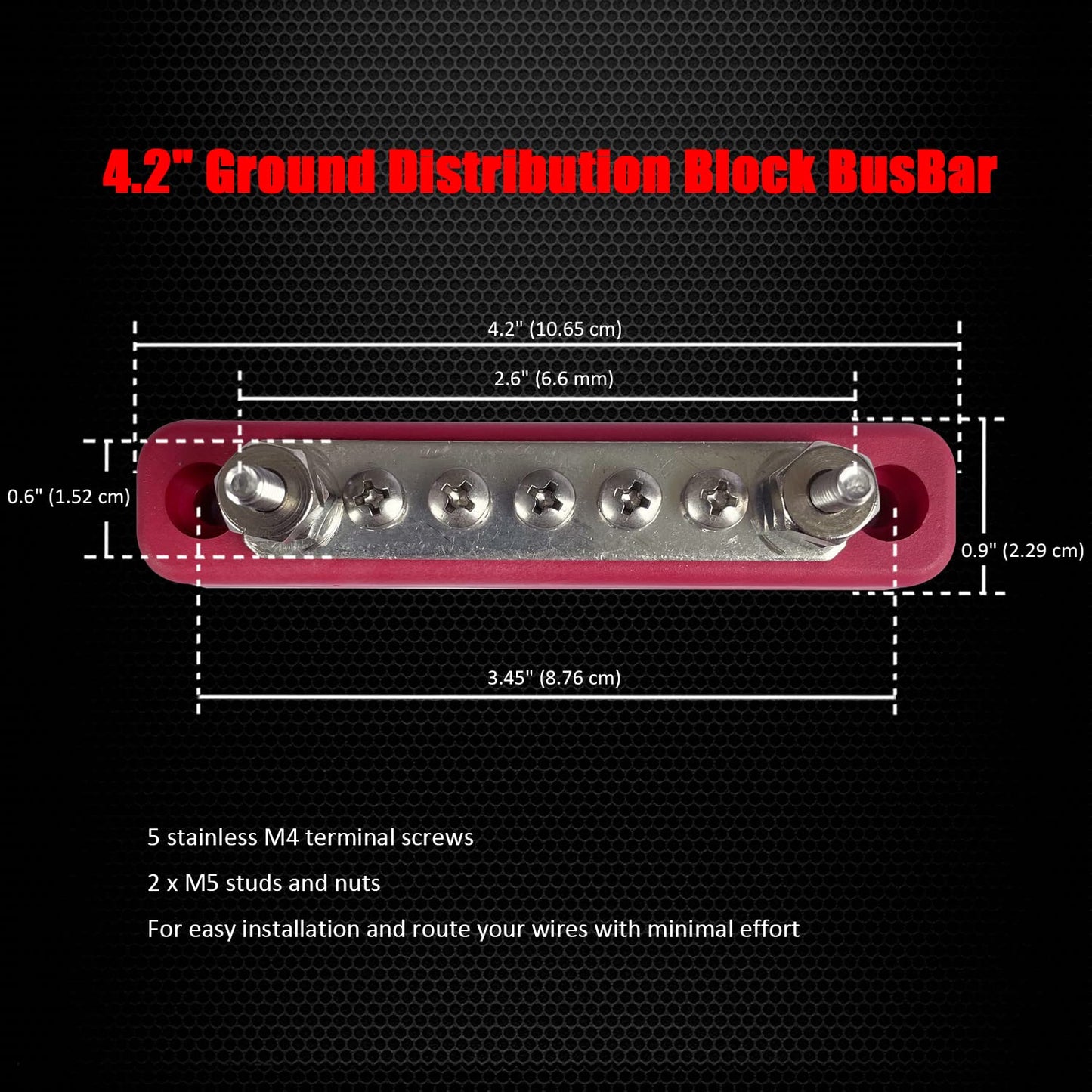2 x #10 (M5) Studs Power Distribution Block with 5 x #8 (M4) Screws, Ampper 4.2" Bus Bar 12V Power Distribution Terminal Block Battery Busbar for Car Audio Solar (Red)