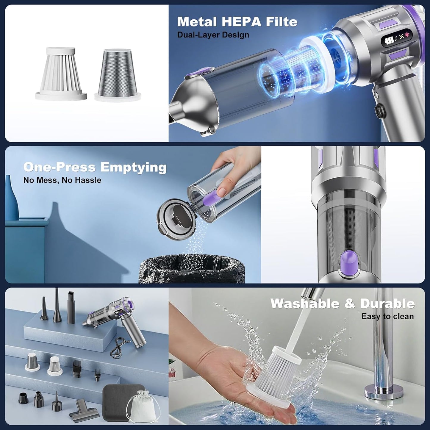 Car Vacuum Portable Cordless, 18000pa Mini Vacuum Cleaner, 4 in 1 Handheld Vacuum Cordless Rechargeable, 120W High Power Hand Held Vacuum Cleaner With LED Light Multi-nozzles for Car Home Office Pet