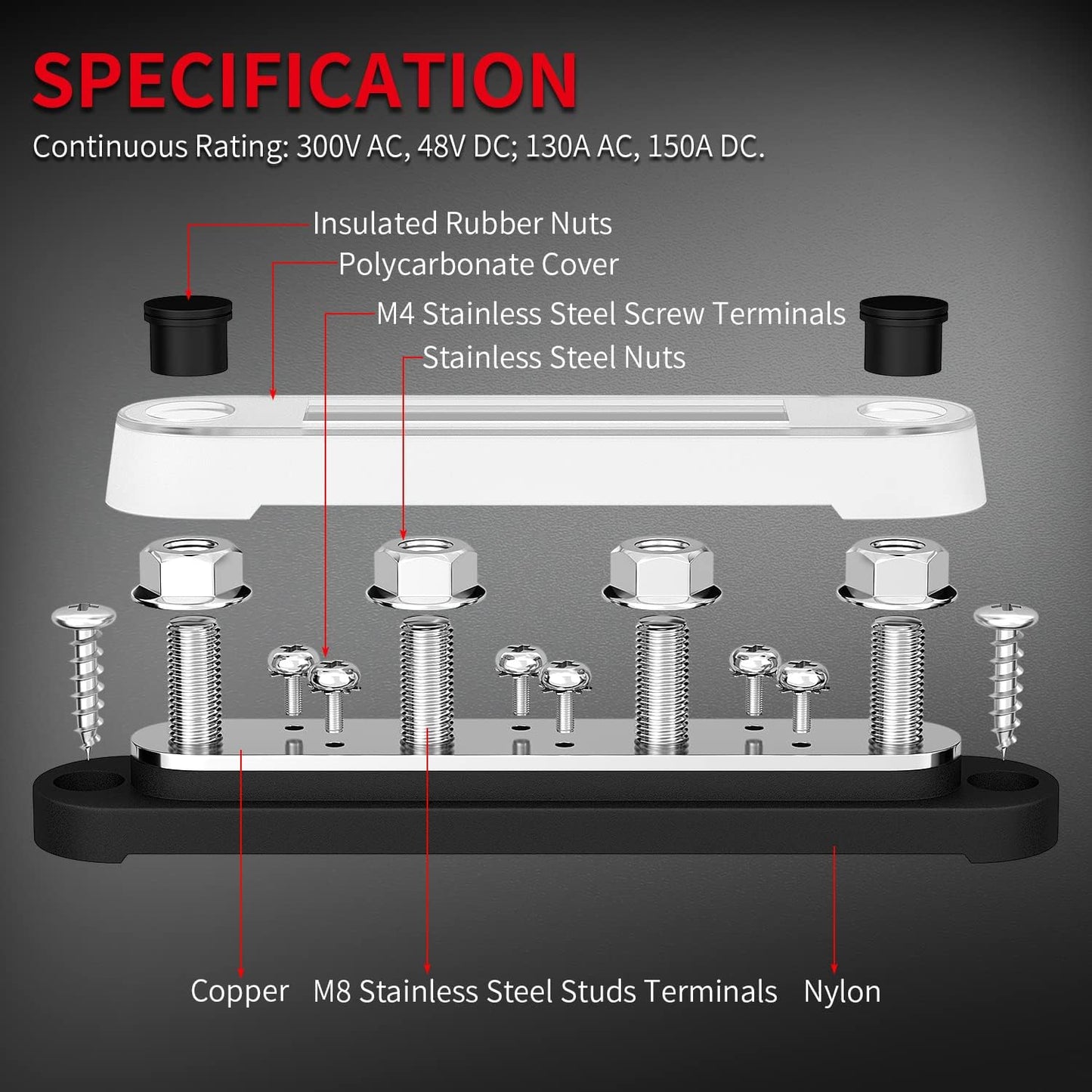 DAIERTEK Bus Bar Terminal Block 4 x 5/16" (M8) Terminal Stud, 6 x #8 (M4) Screw Terminal Positive & Ground Power Distribution Block with Cover Marine Battery Bus Bar 12V - 48V for Automotive Car Boat