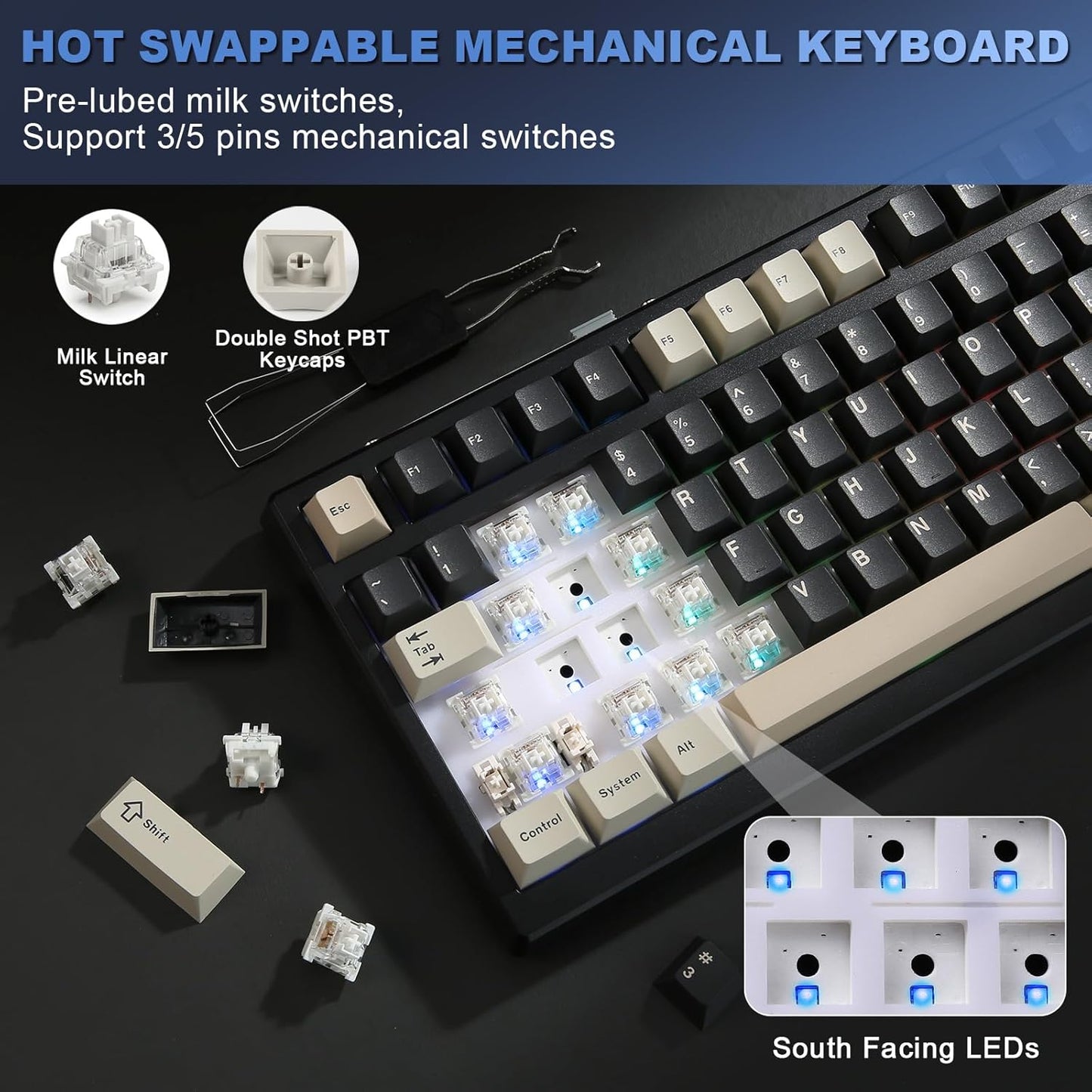 YUNZII YZ98 Gasket Mechanical Keyboard,99 Key Hot Swappable BT5.0/2.4G/USB-C Wireless NKRO 98% 1800 Layout with RGB LED Backlit for Linux/Win/Mac(Milk Switch, Black)
