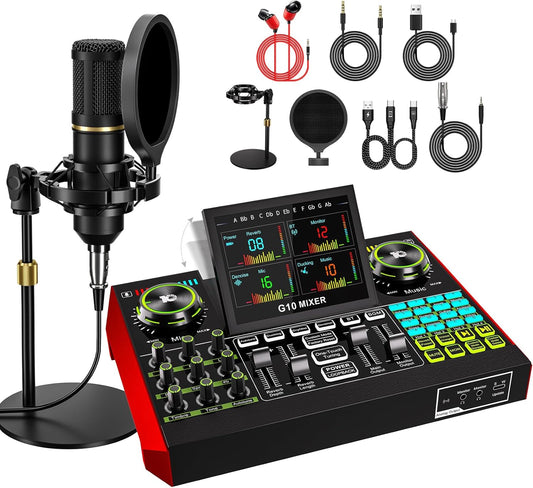 Podcast Microphone Bundle with Live Sound Card Audio Mixer, Podcast Equipment Bundle with 3.5mm BM800 Microphone for Pc/Youtube Live Streaming Singing Gaming, Sound Board with Voice Changer, Denoise