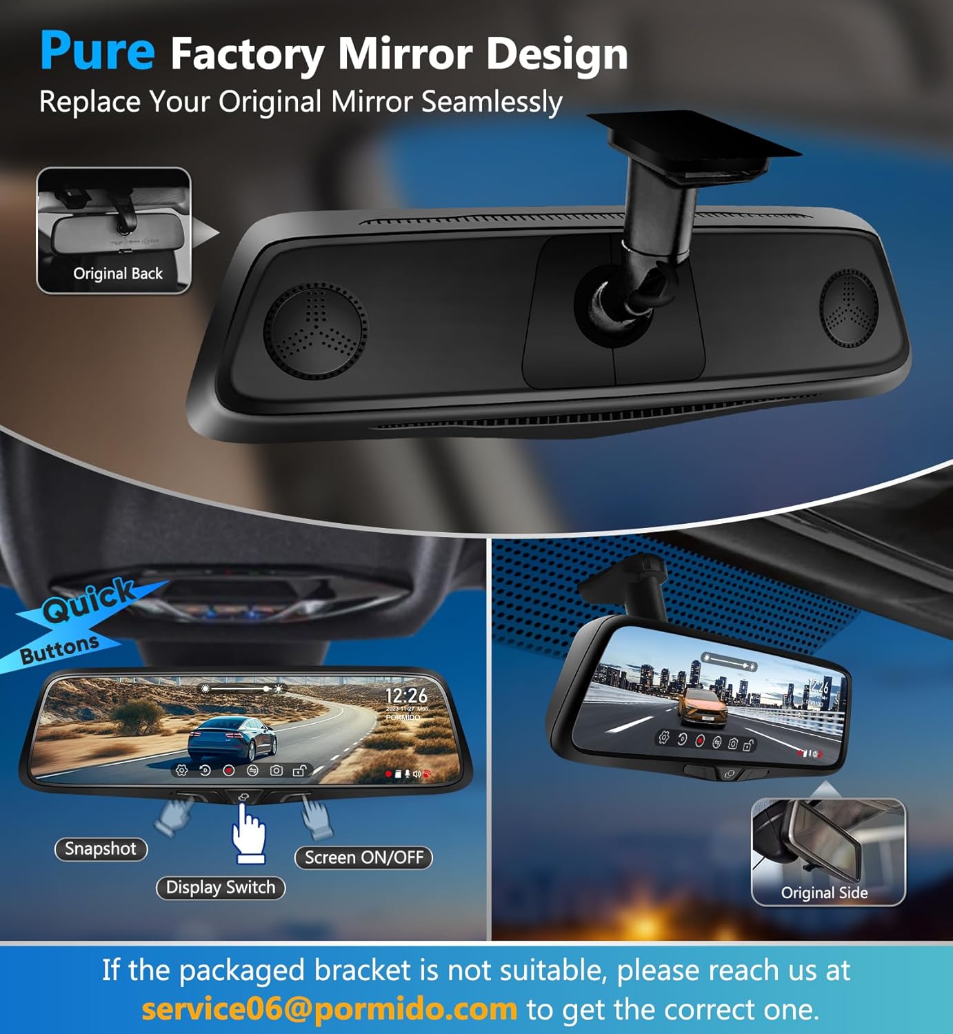 PORMIDO OEM 2K Rear View Mirror Camera,10" Mirror Dash Cam with Detached Front Backup Camera, Smart Full Touchscreen Rearview WDR Dashcam with Built-in GPS,64GB Card,Parking Monitor,Night Vision