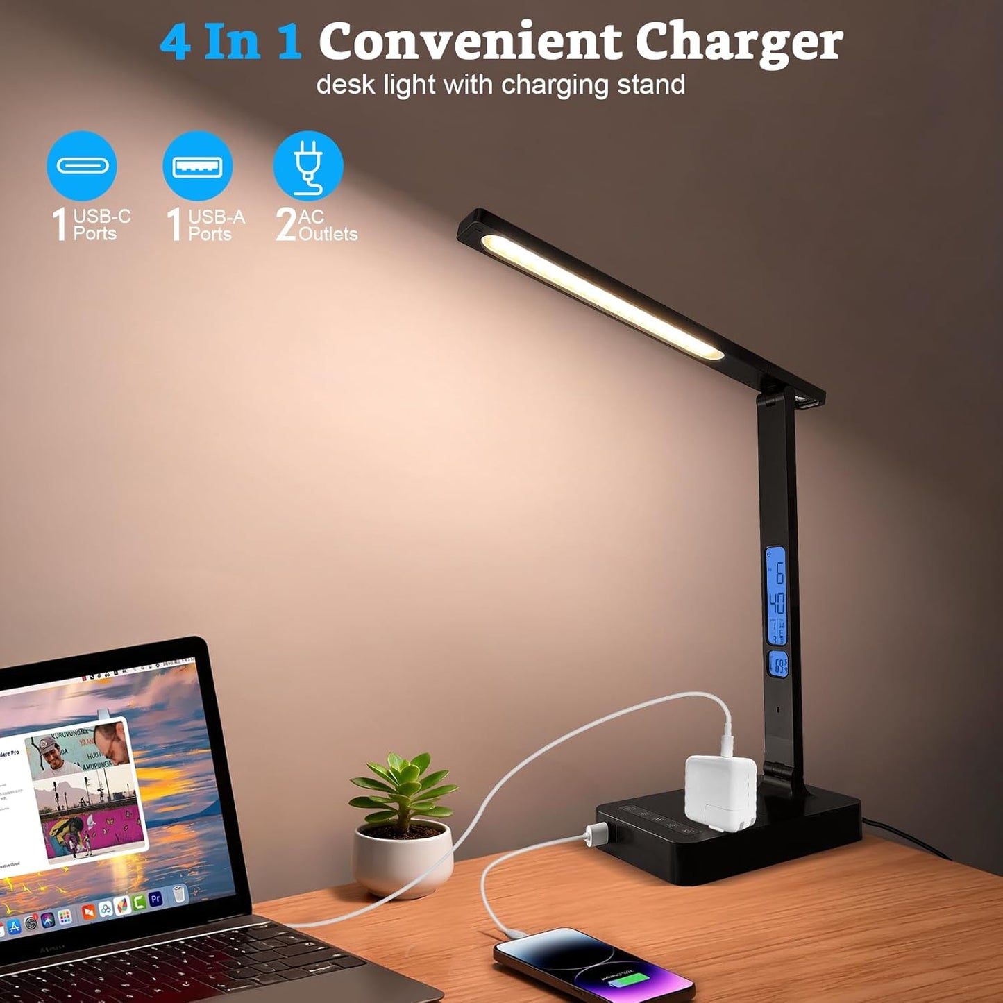 Smart Desk Lamp with Dual USB Charging (Type-C/USB-A) & 2 AC Outlets, Digital Clock, Temperature Display, 5 Color Modes, 5 Brightness, Adjustable - for Office, Bedroom, Dorm Room, Study