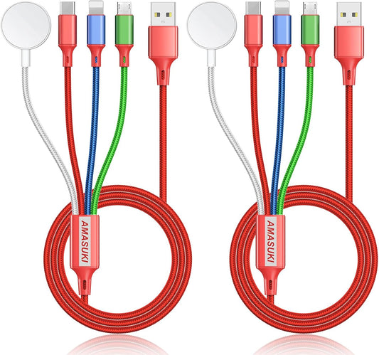 2Pack Travel Essentials Multi Charging Cable for Watch Charger 4 in 1 Fast Charger Camping Essentials USB C/L/Micro Compatible with Watch Series 10-1/SE/Ultra Phone 16 15/Galaxy Android-4FT/Red