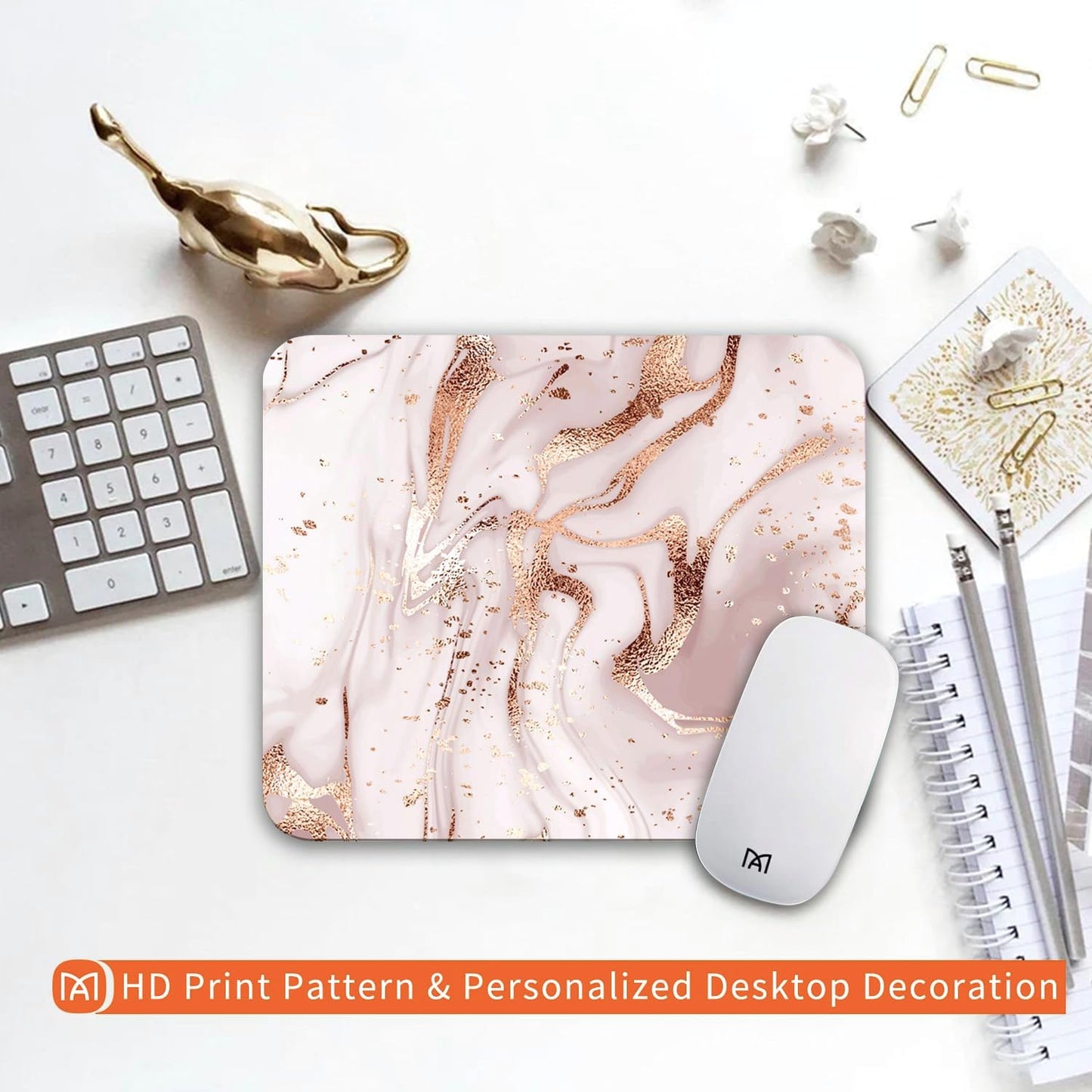 Square Mouse Pad Rose Gold Marble, Personalized Premium-Textured Custom Mouse Mat Design, Washable Mousepad Cloth, Non-Slip Rubber Base Computer Mouse Pads for Wireless Mouse