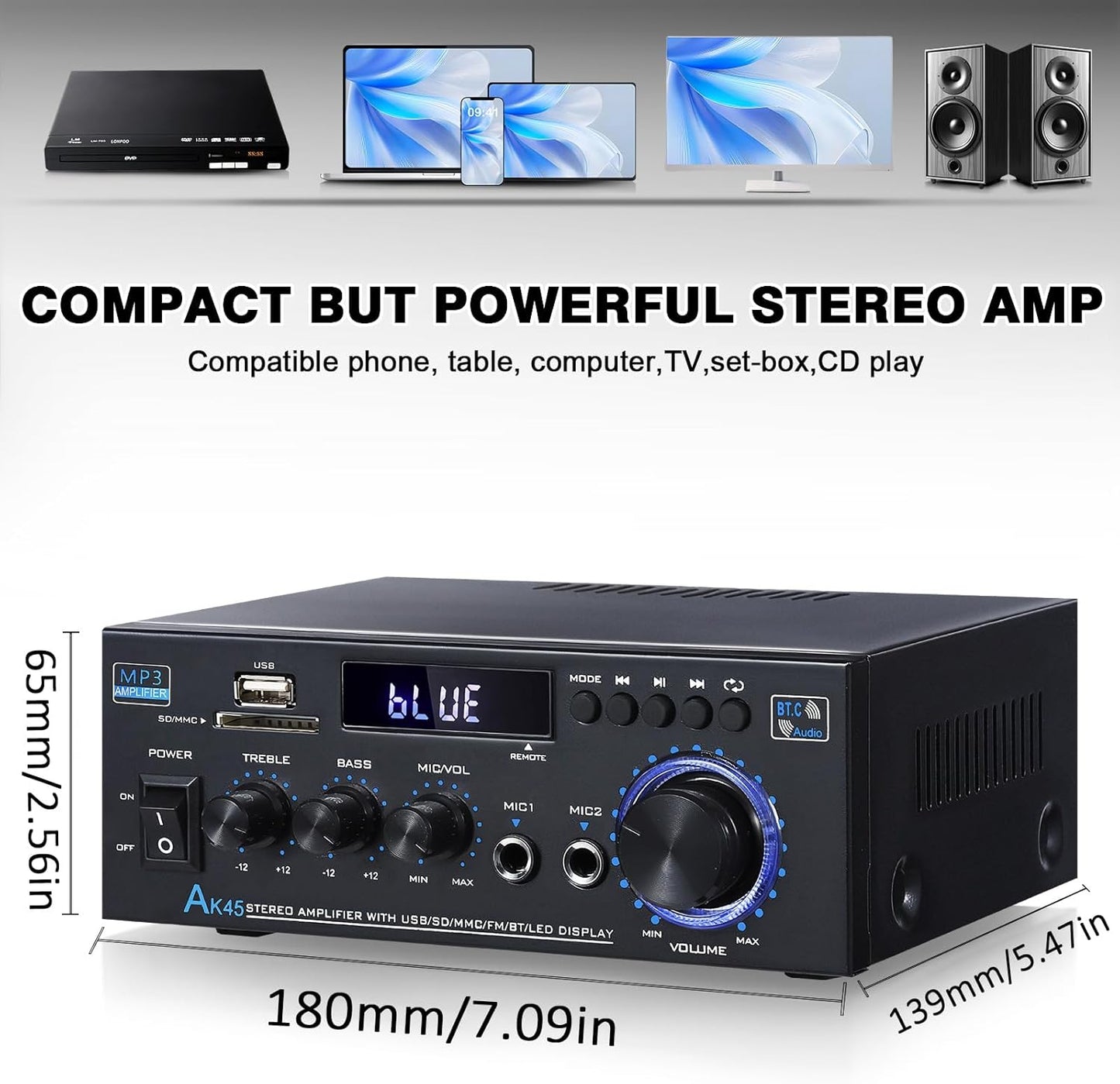 AK45 Stereo Receivers Amplifier Home Audio with Bluetooth, 300W, 2.0 Channel Power Amplifier for Home Stereo Syetem with RCA,SD,FM,USB, MIC in,Bluetooth Receiver for Karaoke,Studio