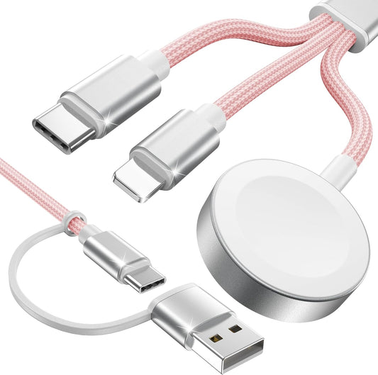Pink-Upgraded 3 in 2 USB C Cable for Watch Charger Phone Charger USB C Multi Fast Charging Cable Compatible with Watch Ultra/SE/10/9/8/7/6/5/4/3/2/1 & Phone 16/15/14/Galaxy S23-4FT