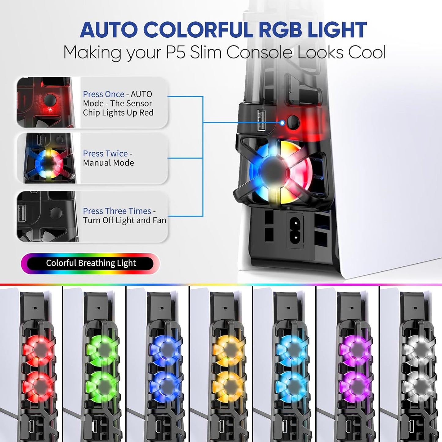 RGB PS5 Slim Light Cooling Fan, Temperature Controlled Fan Speed, Smart Memory Start-Stop Function, USB 3.0 Hub, Efficient Quiet Fan for PS 5 Slim Disc & Digital