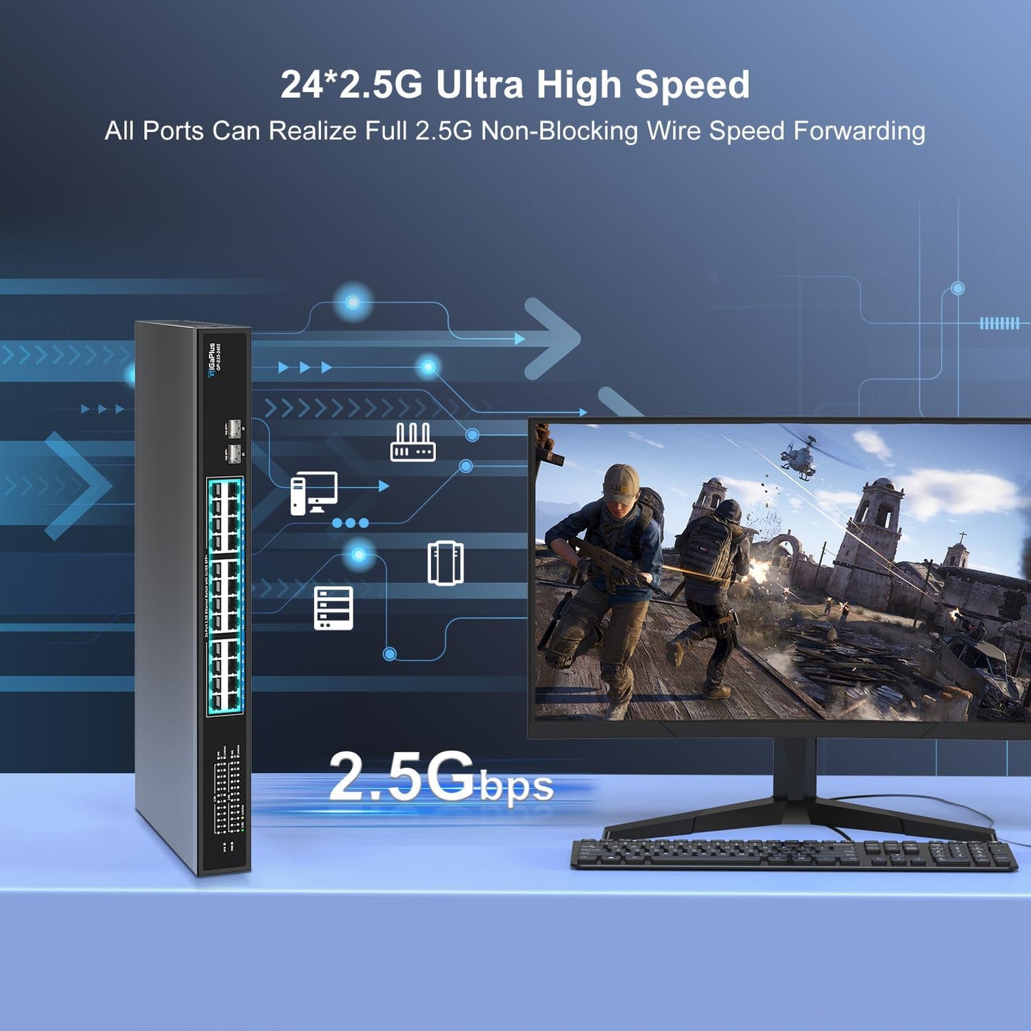 26 Port 2.5Gb Unmanaged Ethernet Switch with 24* 2.5G Base-T Ports, 2* 10G SFP+ Ports. GiGaPlus 2.5Gbps Network Switch for 2.5Gbps NAS/PC, WiFi6 Router, Wireless AP. Fanless Design, Plug and Play