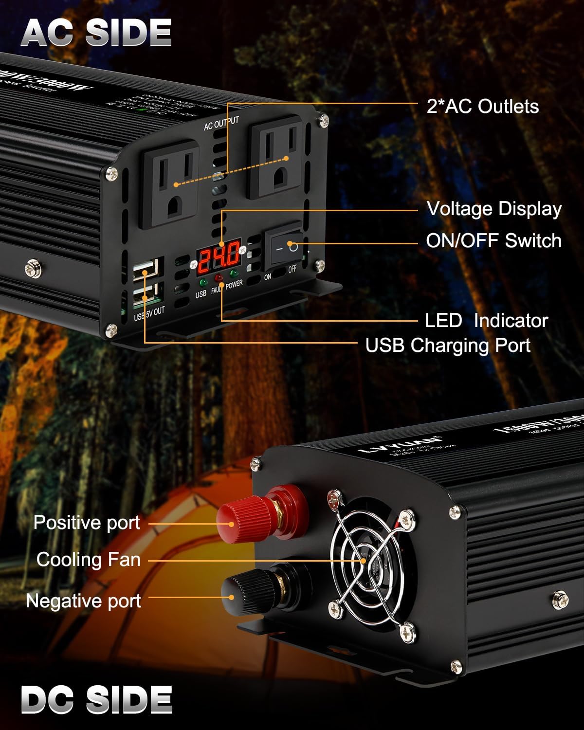 LVYUAN 1500W Power Inverter 24V to 110V DC to AC with 2 US Sockets, LED Display, USB Ports for Home, Truck, Outdoor, Camping