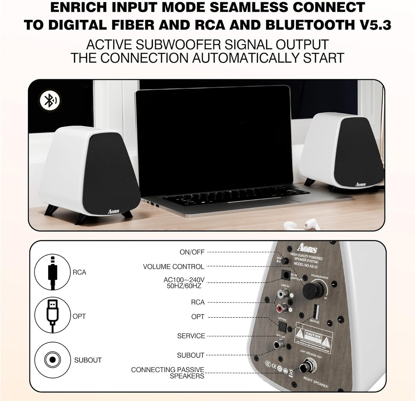 AS31 Active Bookshelf Speakers Bluetooth -2.0 Powered Speaker Stereo Computer Speakers for Desktop pc ，Monitor Speakers 80WRMS/3inch Bass RCA/Optic Inputs, Wooden Compact (Violet)