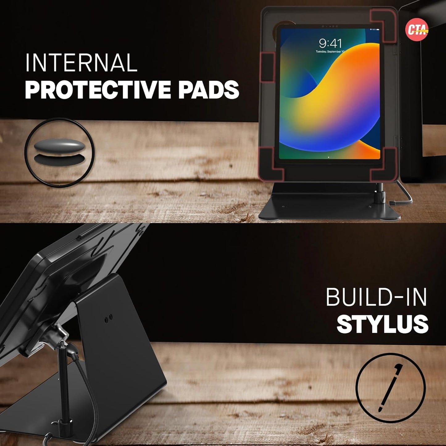 Desktop Anti-Theft Stand – CTA Kiosk Stand with Stylus, Tether, and Aluminum Enclosure for iPad 7th/ 8th/ 9th Gen 10.2,” iPad Air 3, & iPad Pro 10.7” and More (PAD-DASB) - Black