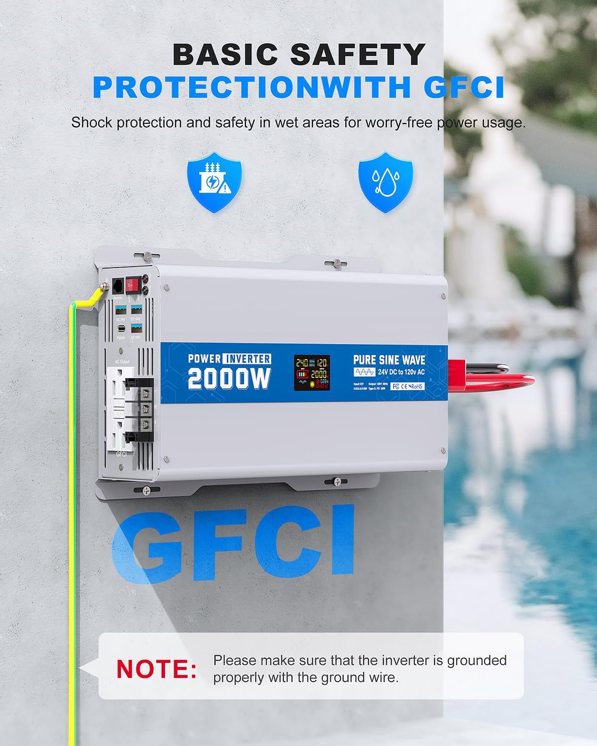 2000W Pure Sine Wave Power Inverter 24V DC to 120V AC Converter 4000 Watt Peak Power Multi-Display Screen with 2 GFCI Outlet 30W USB and 18W Type-C for Car RV Truck Boat Off-Grid, Gray Blue