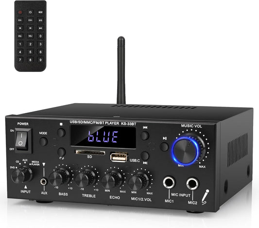Romica Stereo Audio Amplifier, 2 Channel 500W Bluetooth 5.0 Home Theater Power Amplifier with FM, Echo, AUX, USB, SD, MIC Inputs, HiFi AMP for Passive Speakers and Active subwoofer