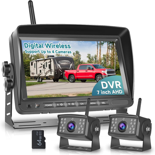 Wireless Backup Camera for RV, 7" IPS Monitor Kit+ 2 AHD Rear View Camera Waterproof Night Vision DVR Recording, Wireless Reverse Camera 12V-36V for Truck/Trailer/RV/Camper/Excavator/Caravan