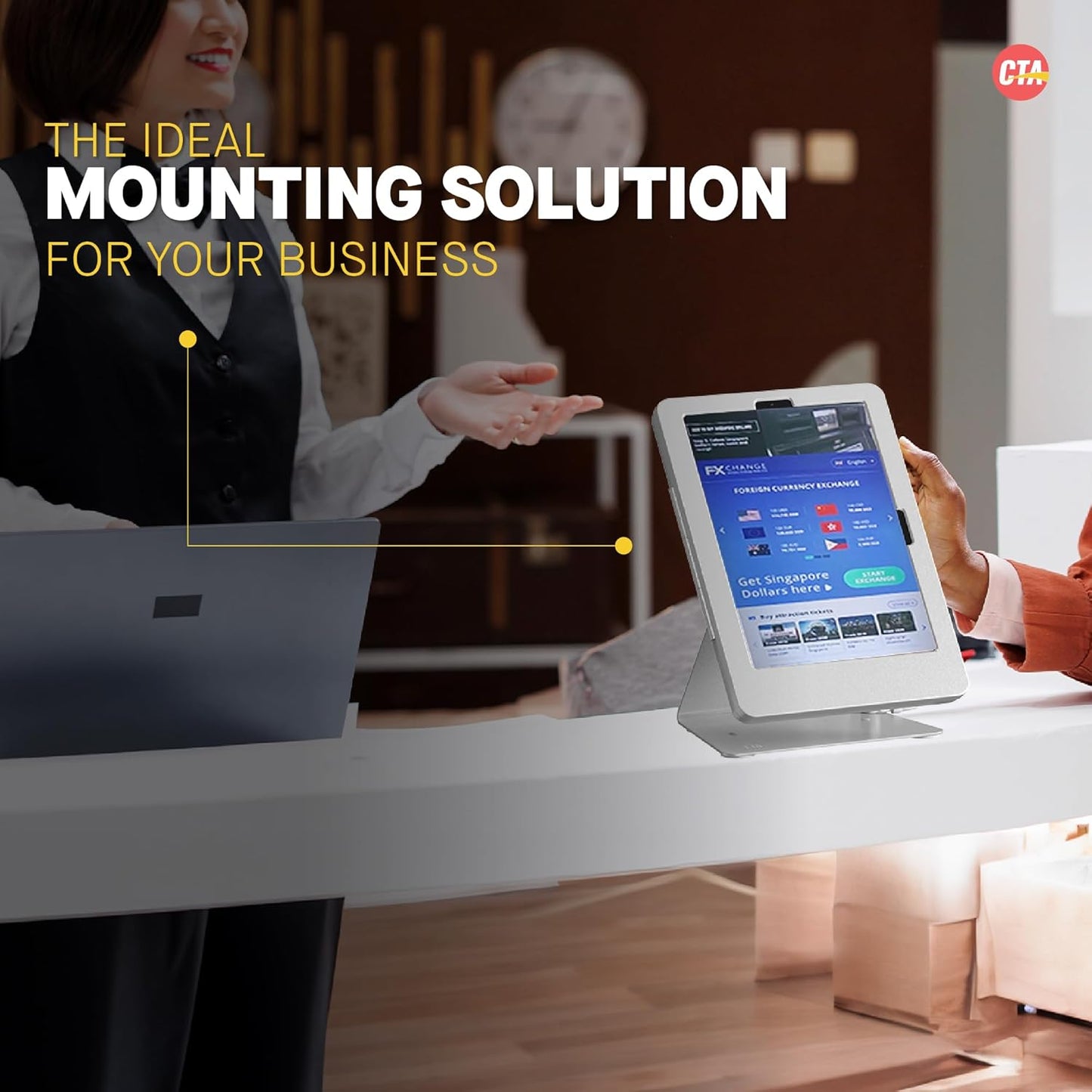 Desktop Anti-Theft Stand – CTA Kiosk Stand with Stylus, Tether, and Aluminum Enclosure for iPad 11th Gen A16 11” - 10th Gen 10.9” - Air 4th & 5th Gen - 11” Pro & More - White (PAD-DASB109W)