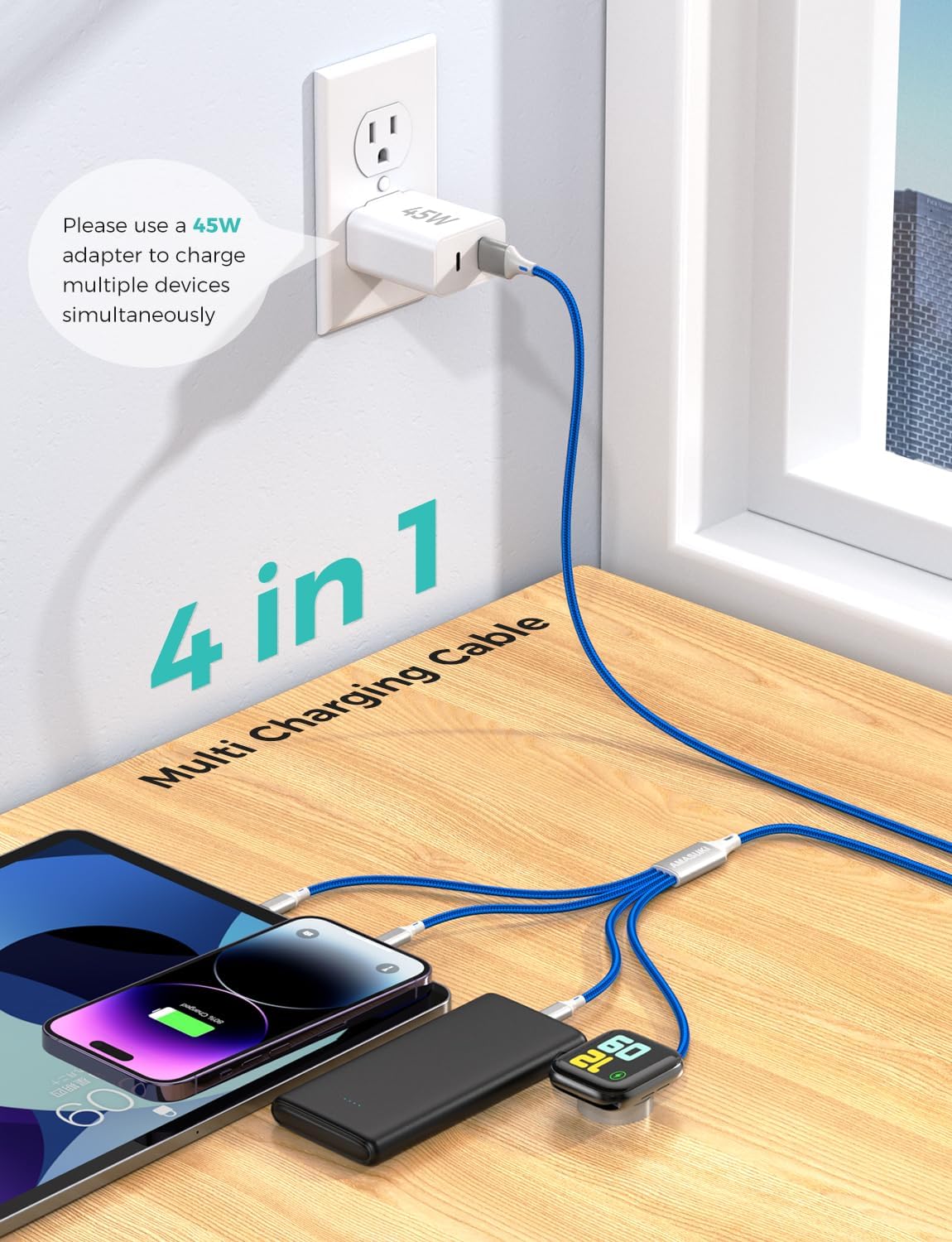 Travel Essentials Multi Charging Cable for Watch Charger 4 in 1 Fast Charger Camping Essentials USB C/L/Micro Compatible with Watch Series 10-1/SE/Ultra Phone 16 15/Galaxy Android-4FT/Blue