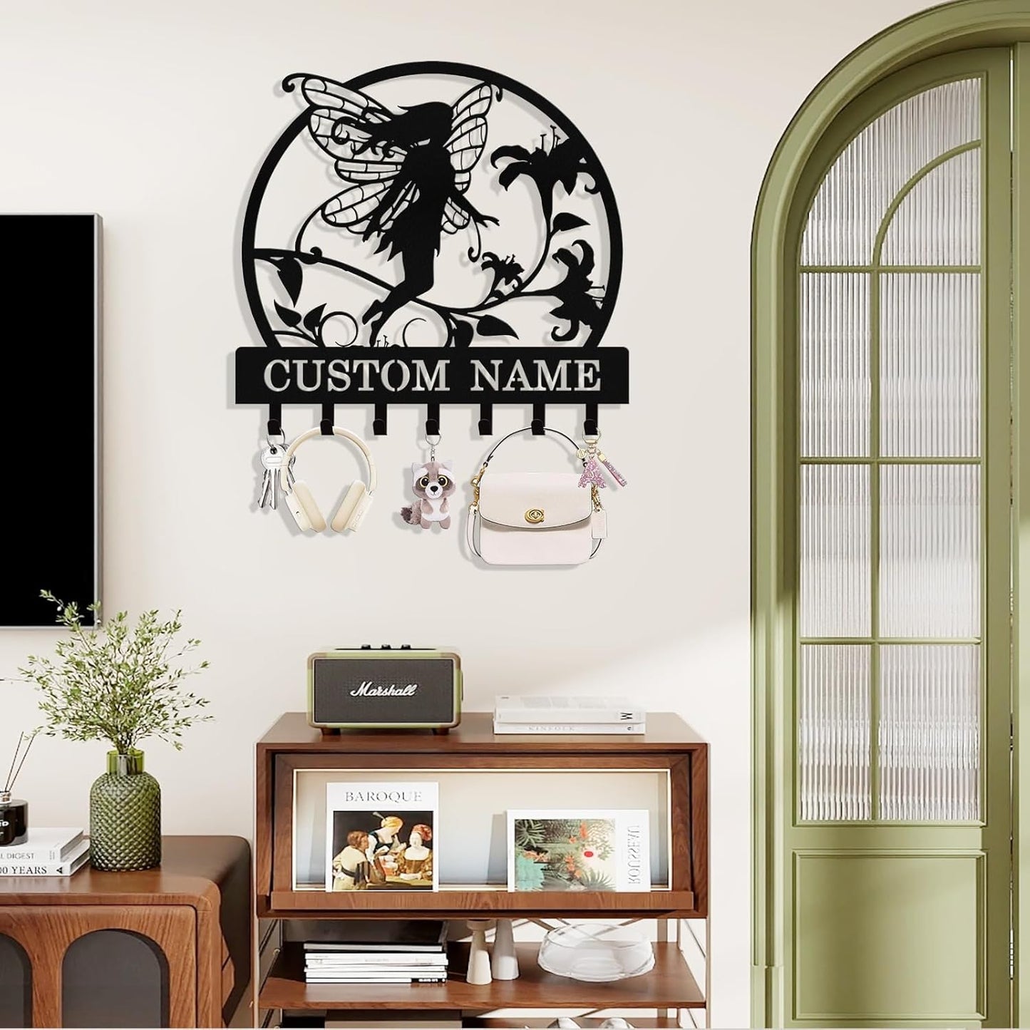 Personalized Fairy Key Holder Wall Mount, Custom Metal Key Rack Key Holder with Name, Deer Cabin Wall Keys Hanger with Hooks for Entryway, Front Door, Hallway, Kitchen, Living Room