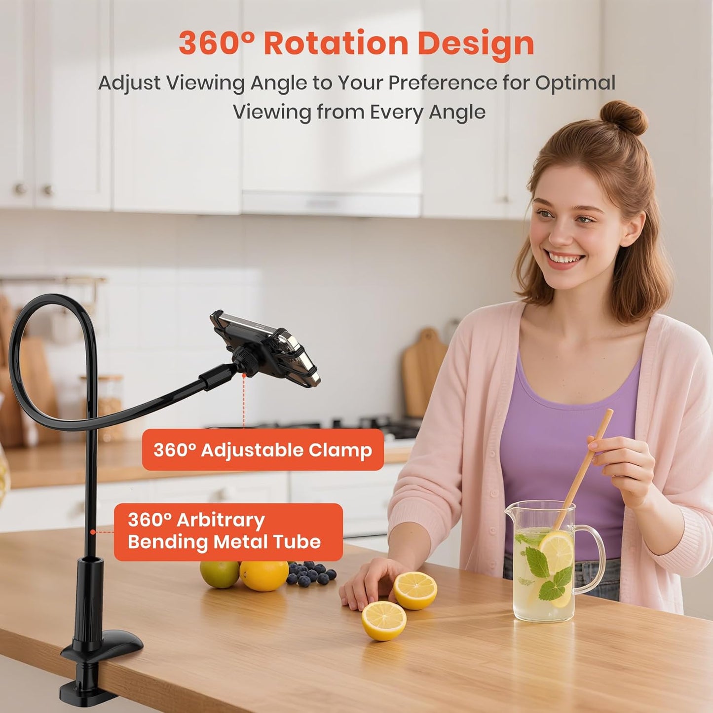 Gooseneck Kindle Holder for Reading in Bed, 360° Adjustable Cell Phone Stand for Desk, Flexible Lazy Arm Mount Clamp,Kindle Paperwhite Stand Accessories,Compatible with 4-8 Inches Device