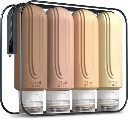 Travel Bottles for Toiletries, Large 6oz Oversize Containers, BPA Free Leak Proof Tubs Refillable Liquid Traveler Accessories with Toiletry Bag for Cometic Shampoo and Lotion Soap (4 Pack)