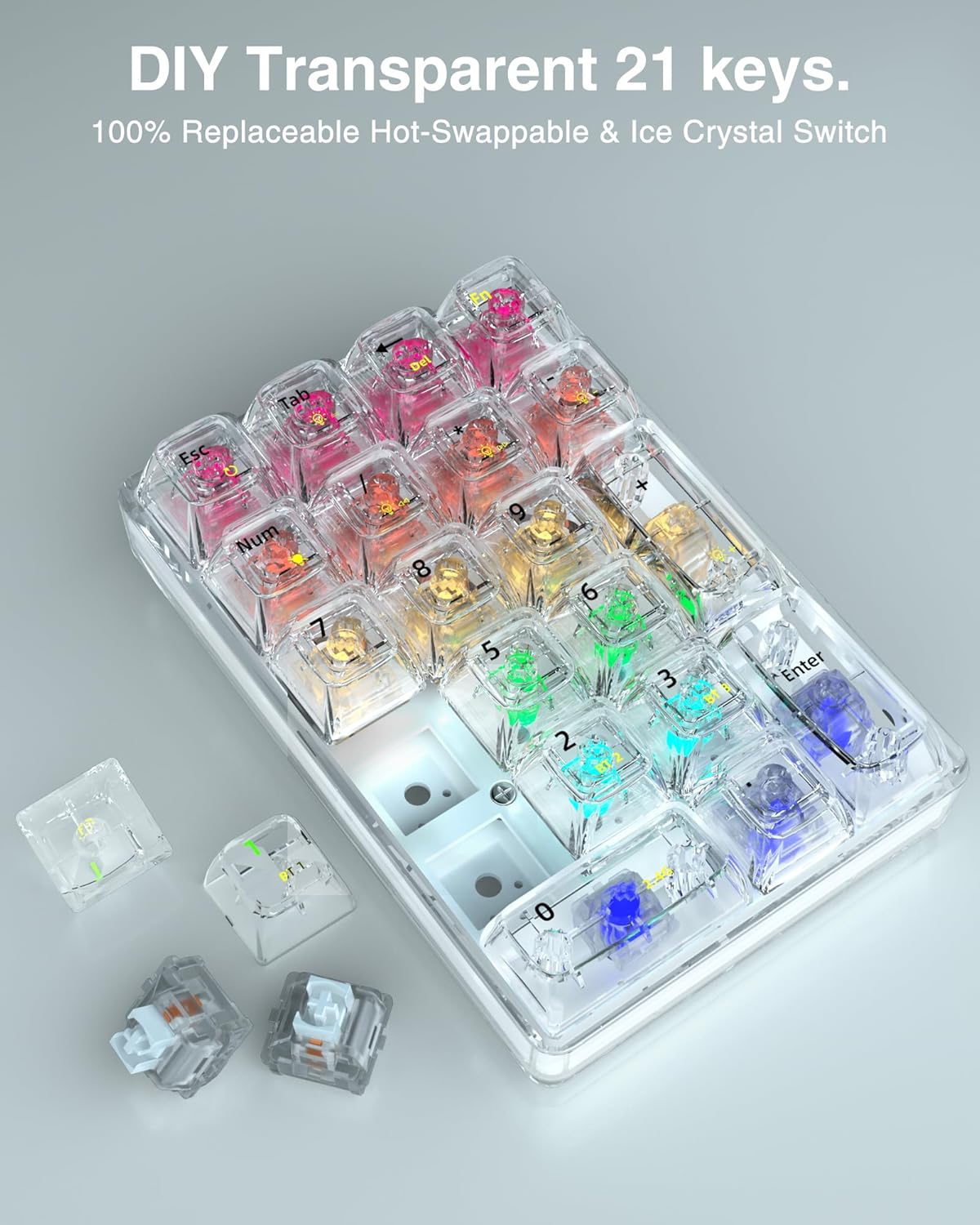 SOLAKAKA K21 RGB Backlit Tri-Mode Transparent Wireless Mechanical Number Pad Supports 3 BT/2.4GHz/Type C Wired,Hot Swappable 21 Keys Mechanical Numpad with Transparent Keycaps White