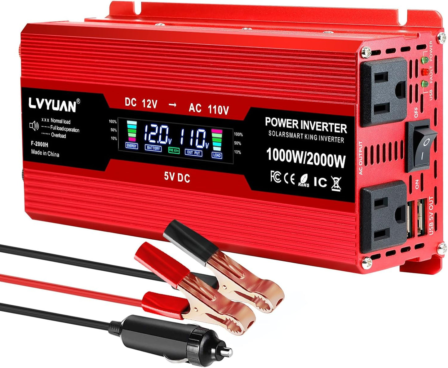 LVYUAN 1000W Car Power Inverter 12V to 110V / 120V DC to AC with 2 US Sockets, Cigarette Lighter, LCD Display, USB Ports for Car, Home, Outdoor, Camping