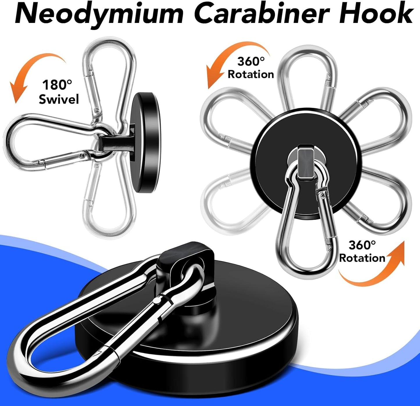 LOVIMAG Strong Magnets with Hooks, 200LBS+ Heavy Duty Magnets with Epoxy Coating for Cruise, Magnetic Hooks with Swivel Carabiner Hook, Powerful Neodymium Magnet for Hanging, Kitchen,Garage-2 Pcs