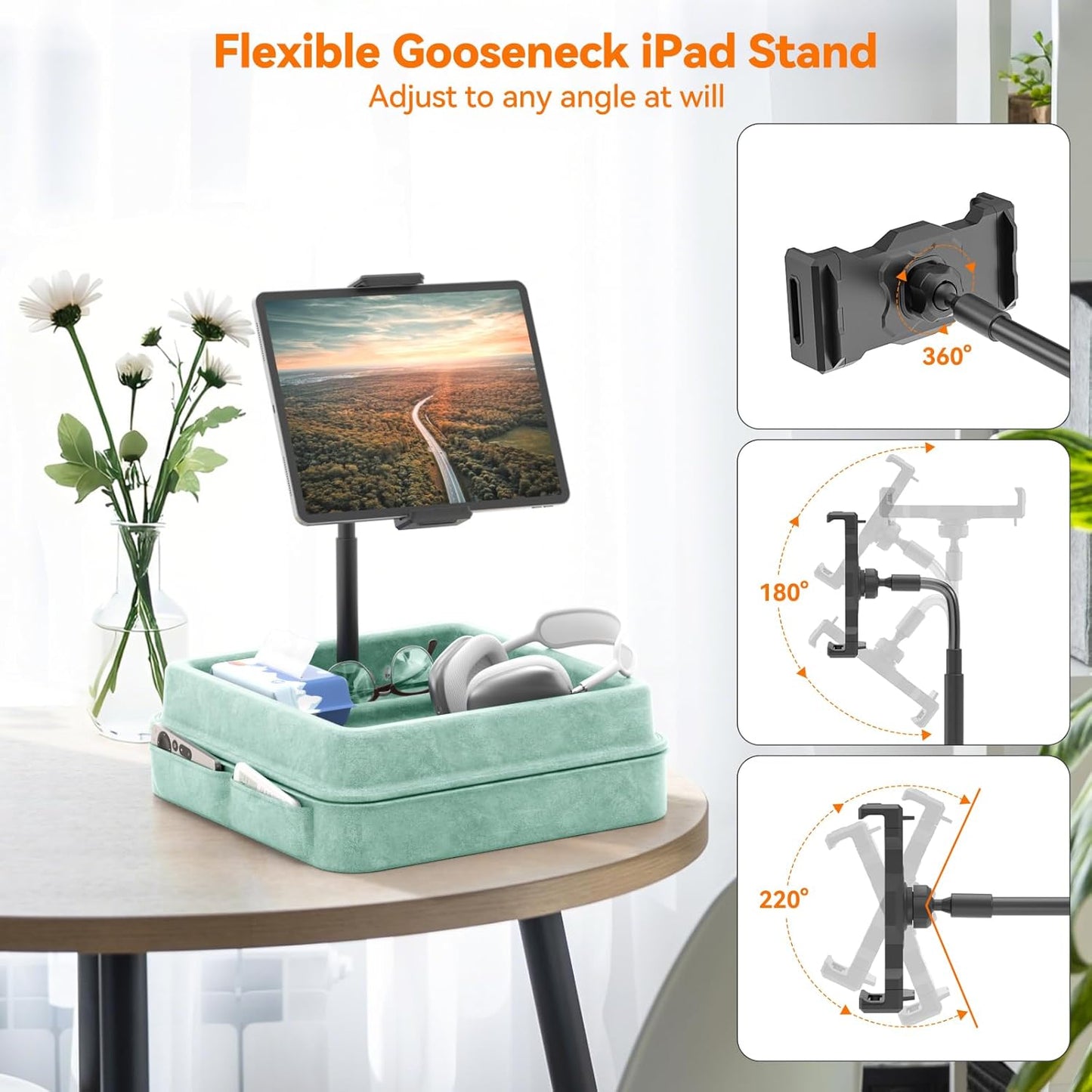 KDD Tablet Pillow Holder - 360°Adjustable iPad Pillow Stand for Lap, Bed and Desk - Gooseneck Tablet Soft Pad Dock with Storage Tray and Pocket Compatible with iPad Pro 12.9, Air Mini, Phone,(Green)