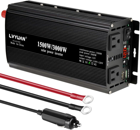 LVYUAN 1500W Inverter Car Power Inverter 12V to 110V for Vehicles with LED Display, US Outlets, USB Ports for Camping Outdoor Car Yacht RV