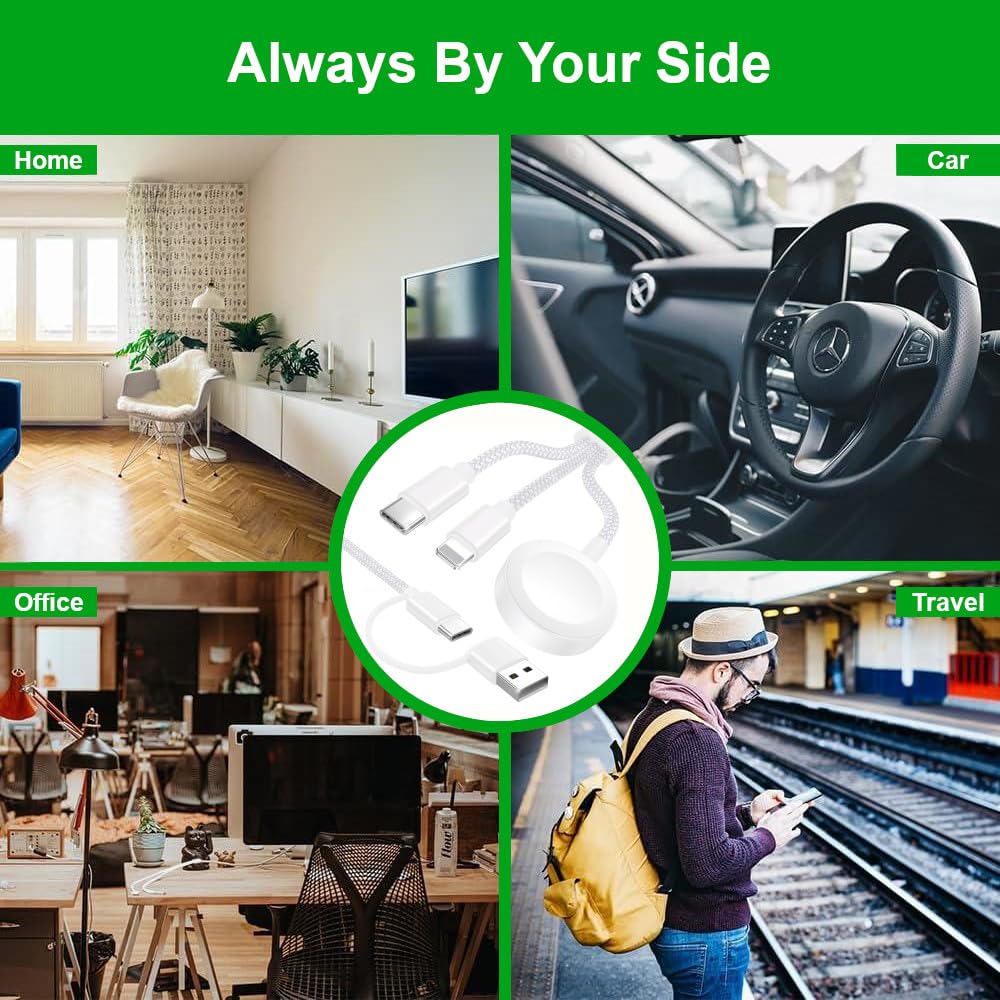 Upgraded 3 in 2 USB C Cable for Apple Watch Charger (4FT/1.2M) Travel USBC Multi Fast Charging Cord Compatible with iWatch Ultra 2/SE 2/10/9/8/7-1, iPhone 16 Pro Max Plus/15/14/13/12/11, iPad, AirPods