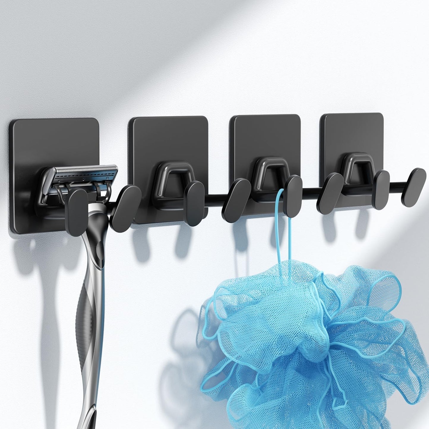Adhesive Shower Hooks for Inside - Extra Sticky Stainless, Razor Holder Shower Accessories, Wall Mounted Self-Adhesive Double Hooks for Razor, Loofah, Towel, Shaver, Coat, Key, Matt Black, 4-Pack