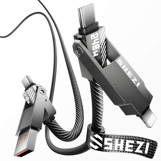 SHEZI Nylon Braided 4 in 1 USB C Cable 240W 3FT Compatible with Lightning Cable, Fast Charging for iPhone/iPad Charger Cord [480Mbps Data Sync],Multi Charging Cable with Type C/USB A, Grey