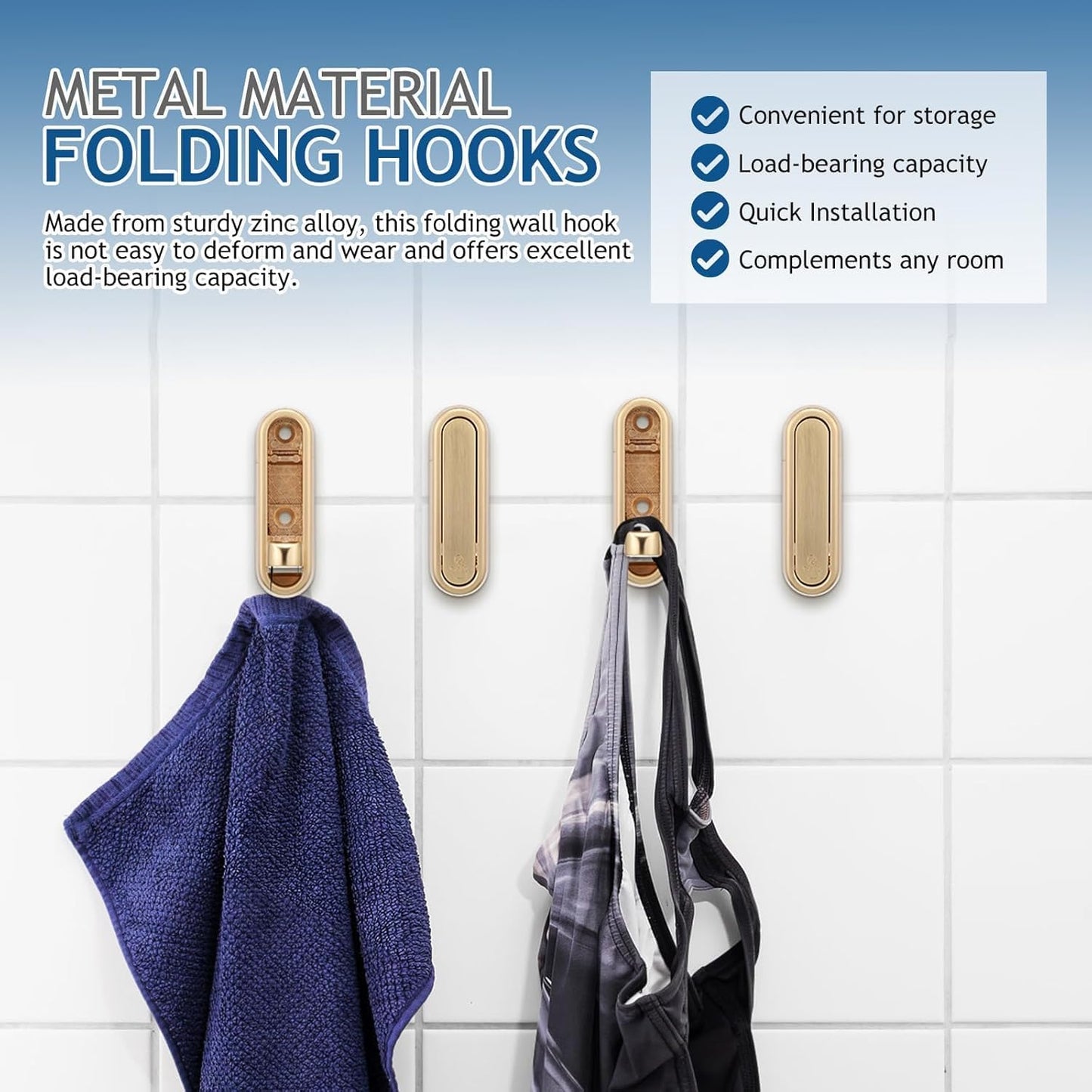 4PCS Gold Foldable Wall Hooks, Metal Folding Hooks Wall Mount, Easy Installation, Suitable for Bathroom Kitchen, Flip Down Hook for Wal l Hanging Coat, Bag, Towel, Key, Hat (Gold)