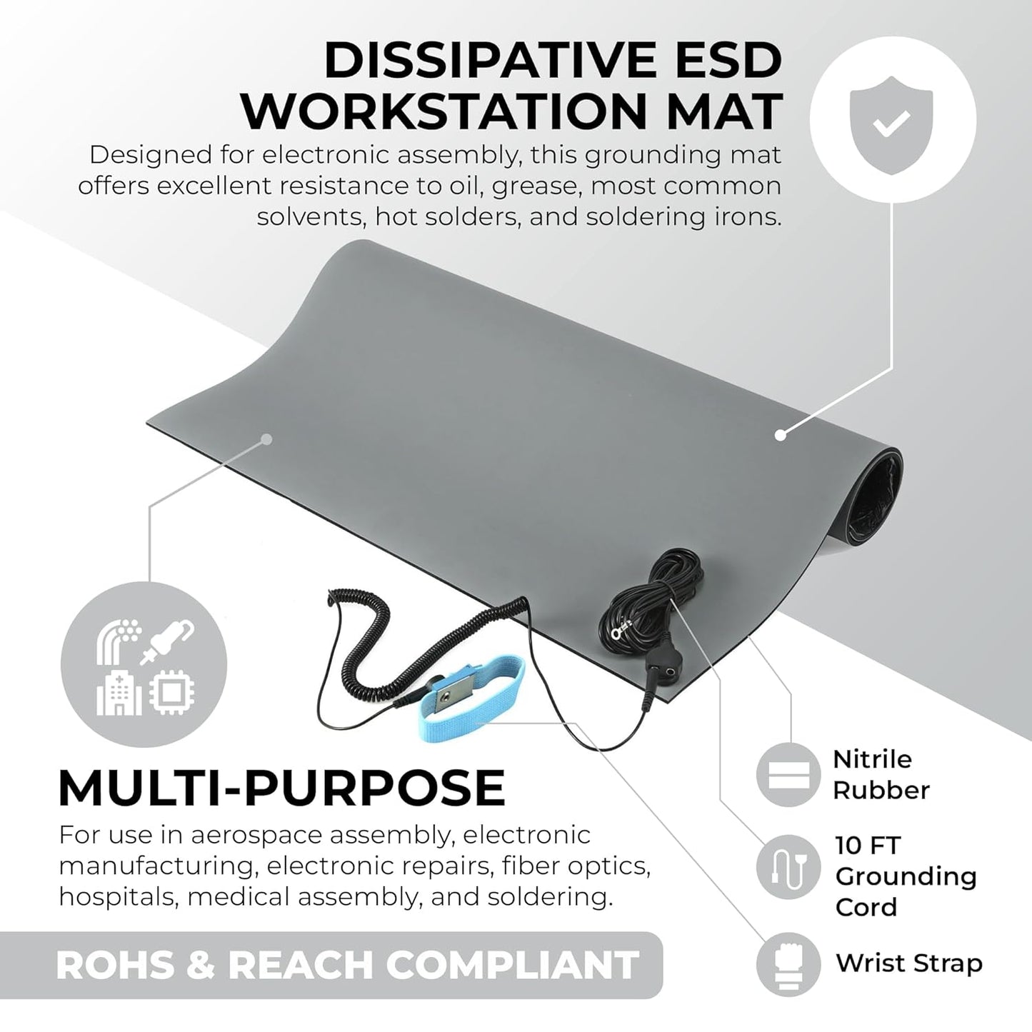 MWRF Source ESD Mat Kit with Wrist Strap and Grounding Cord (2 FT x 3 FT x 0.12 Inch, Grey)