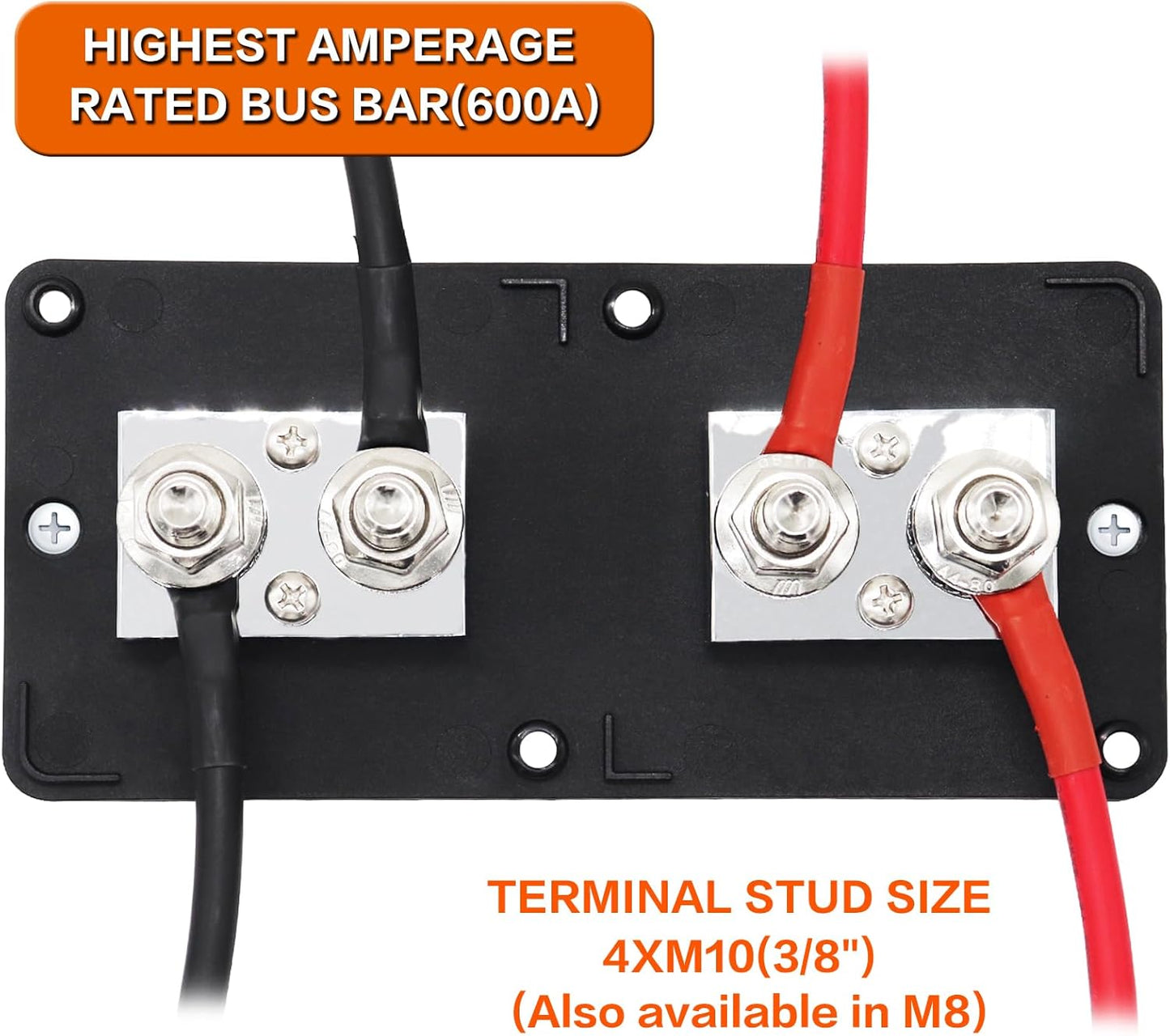 600A 48V Bus Bar Box 4 Stud (3/8 inch) M10 High Current Tin Plated Copper Distribution Block Positive Negative Independent Modules Electrical Battery Ground Buss Bar with Cover for RV Marine