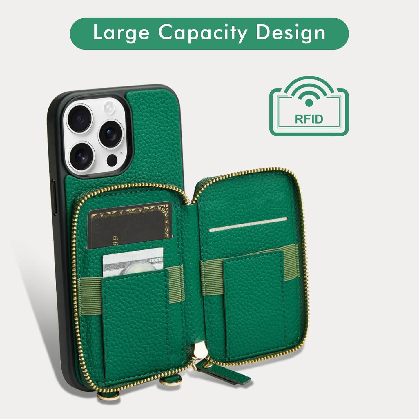 LAMEEKU for iPhone 15 Pro Wallet Case, Zipper Leather Card Slots Crossbody Cover Wrist Strap Lanyard with Phone Grip Holder Stand for iPhone 15 Pro 6.1 inch Dark Green