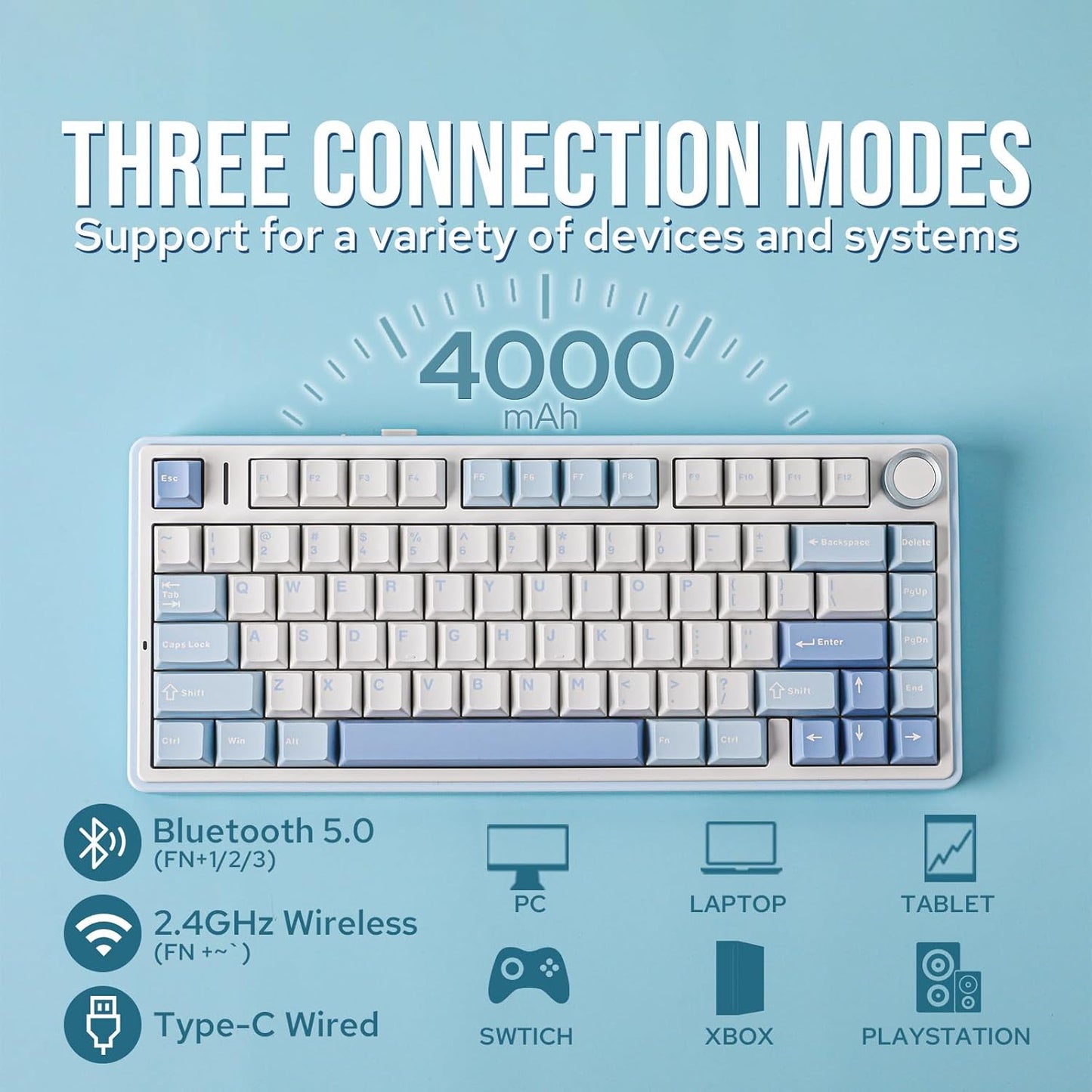 EPOMAKER x Aula F75 Gasket Mechanical Keyboard, 75% Wireless Hot Swappable Gaming Keyboard with Five-Layer Padding&Knob, Bluetooth/2.4GHz/USB-C, RGB (Sea Salt Blue, LEOBOG Reaper Switch)