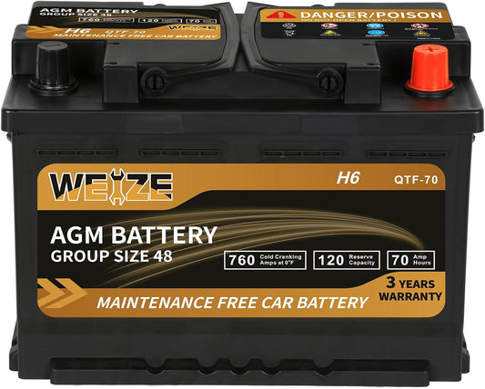 Weize Platinum AGM Battery BCI Group 48-12v 70ah H6 Size 48 Automotive Battery, 120RC, 760CCA, 36 Months Warranty, Dimensions 10.94" L x 6.89" W x 7.48" H