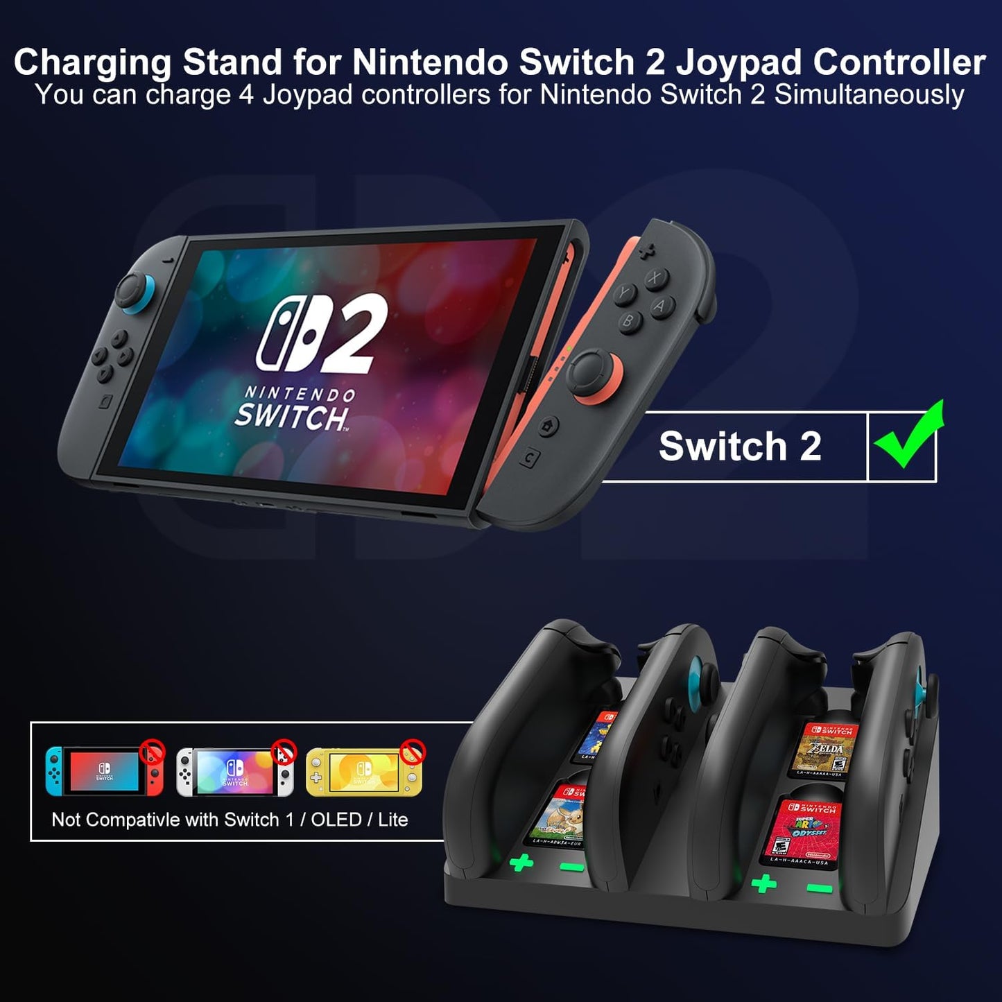 Switch 2 Controller Charger, 4 in 1 Charging Dock for Nintendo Switch 2 Controller Charger Station Storage Stand with USB Cable,Black