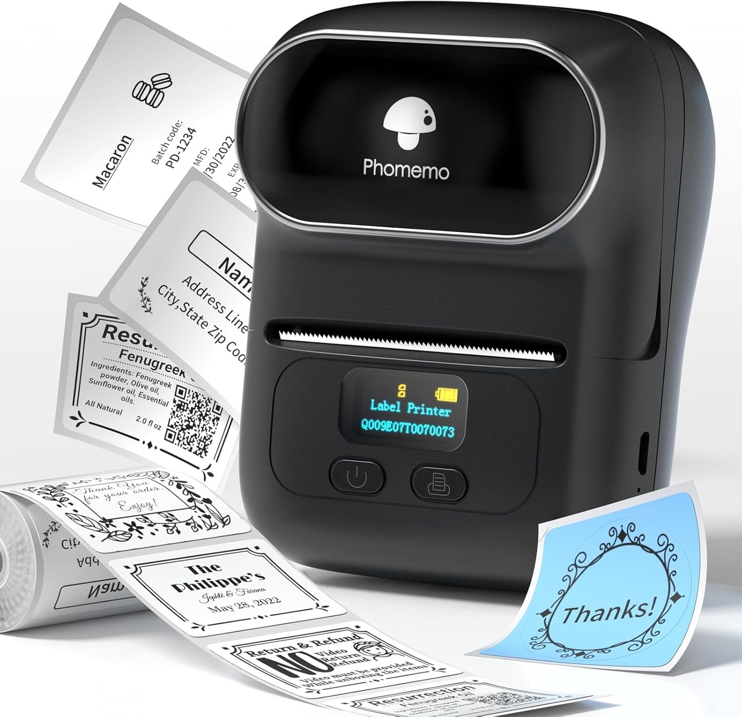Phomemo M110 Label Maker - Label Maker Machine with Tape Portable Bluetooth Barcode Label Printer for Small Business, Address, Logo, Clothing, Mailing, with 40x30mm Label, Black