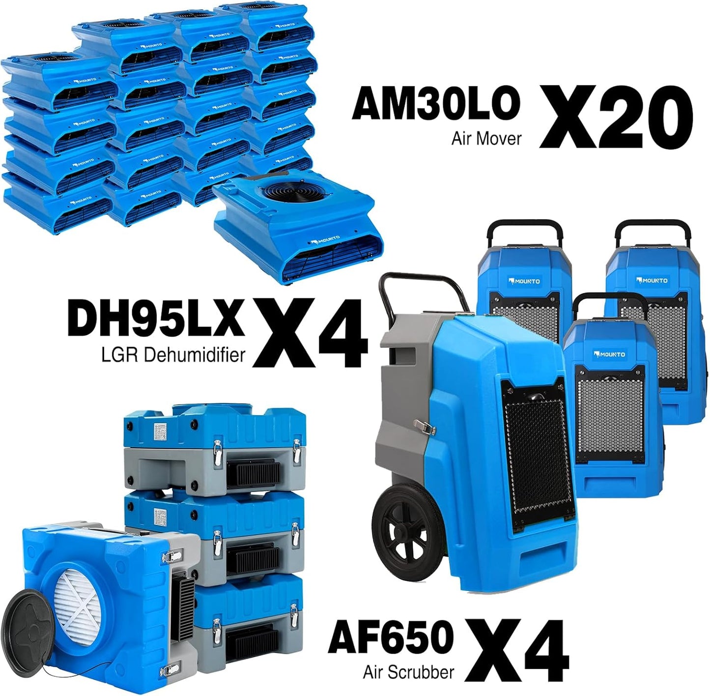 MOUNTO Water Damage Restoration Combo Package Deals (20xAir Mover, 4x Air Scrubber, 4x LGR Dehumidifiers)