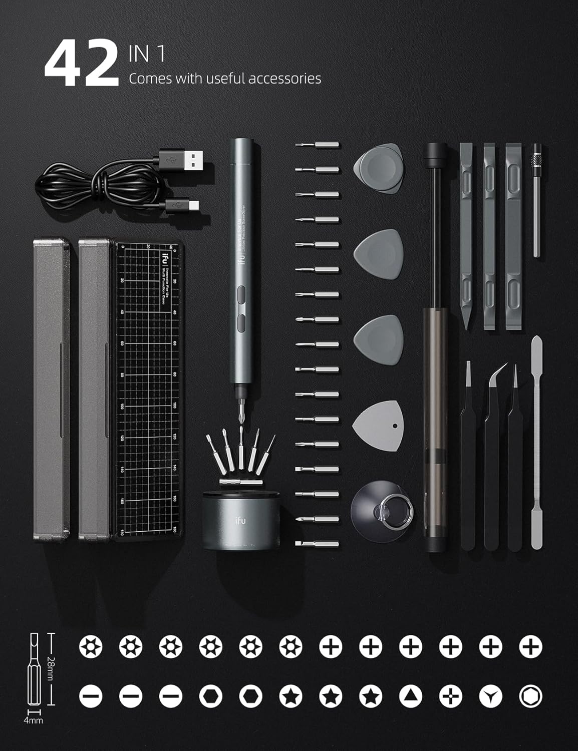 iFu Mini Electric Screwdriver, 42-in-1 Precision Screwdriver Set, Cordless, Magnetic Storage, 5/32''Hex, For Electronics Phone Camera Laptop Watch - Grey