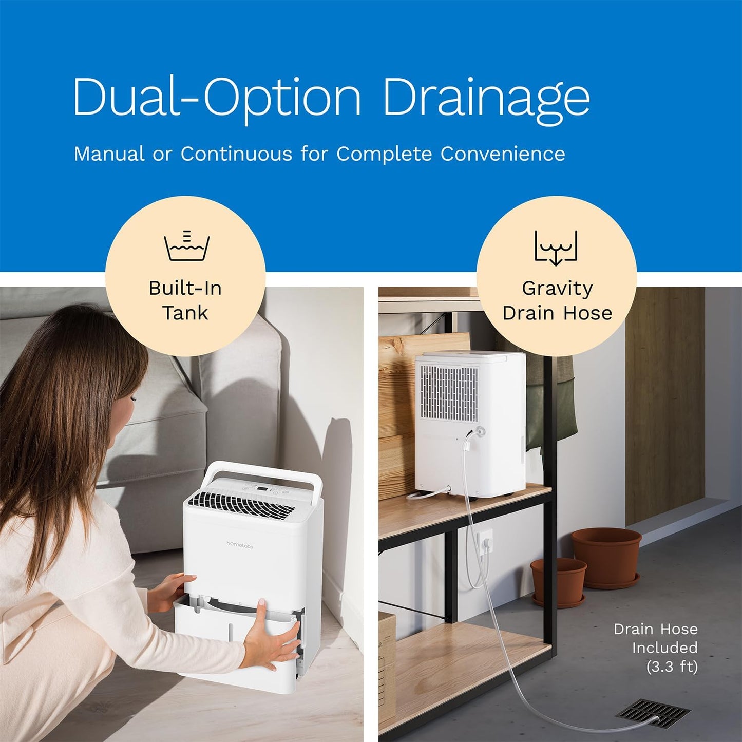 hOmeLabs 8 Pint Wi-Fi Dehumidifier for up to 1,800 Sq Ft Rooms (MAX 24 Pint at 95°F, 90% RH) – Ultra Quiet, Compact Design with Smart Controls and Drain Hose