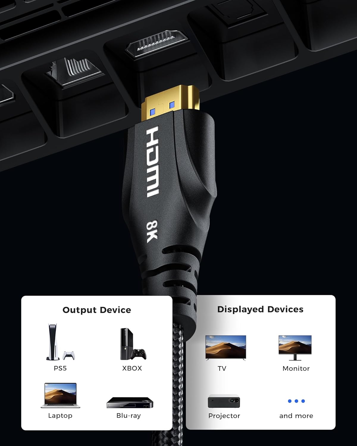 Short HDMI Cable 1FT - 8K High Speed HDMI Cable,48Gbps,8K 60hz,4K 120hz,Braided,eARC - Compatible for HDTV/PS5/PS4/Blu-ray