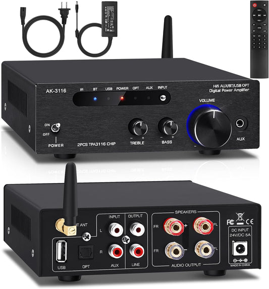 Amplifier Home Audio,Stereo Receiver Bluetooth 5.0 Power amp 100W x2 Wireless HiFi Stereo Class D Digital 2 Channel Integrated with Bass Treble Control for Passive Speakers